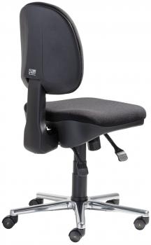 The office chair has a black upholstery and a high backrest. It stands on a sturdy, chrome-plated base with five casters that facilitate movement. Height adjustable.