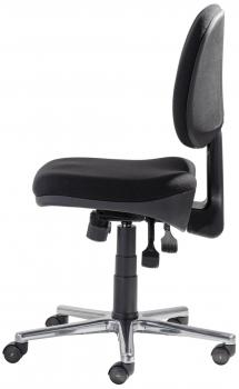 The chair is swivel with a padded black seat and a backrest. It has an adjustable height and five casters for mobility on smooth floors.