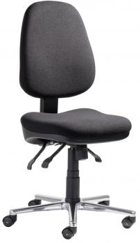 The office chair has an ergonomic shape with a gray, padded seat and backrest. It stands on a five-spoke base with casters for mobility and has multiple adjustment options.