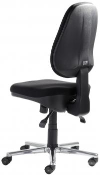 The office chair is black with an ergonomic backrest and seat. It has five casters for mobility and an adjustable mechanism for seat height. The base is silver-colored.