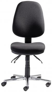 The chair is ergonomically shaped, with a high back and a wide seat. It is black with a sturdy metal base and movable casters for mobility.