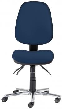The office chair has a dark blue upholstery with a high backrest. It stands on a sturdy rolling base with five wheels and features an adjustable seat height.