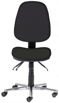 The office chair has a black upholstery and a high backrest. It stands on a chrome-plated base with five casters for mobile use. The seat height is adjustable.