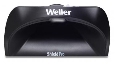 Das Bild zeigt eine schwarze Halterung mit einem gewölbten Design und einer offenen Vorderseite. Oben steht der Schriftzug "Weller" und darunter "ShieldPro".