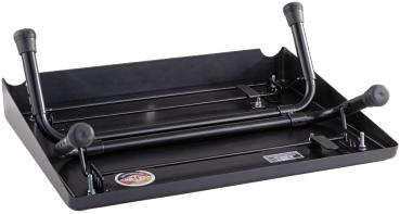 The image shows a black, rectangular plate with two rounded handles on the sides. In the center, there are several metal rods that provide a stable structure.