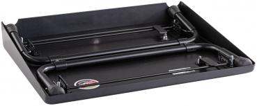 The image displays a black, flat tray with rounded edges. It has a smooth surface and two curved metal pieces on the sides that stabilize the tray.