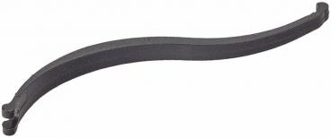 The image shows a curved, black metal clip or holder. It has small notches at both ends and is overall slim and light. Its shape resembles a boomerang.