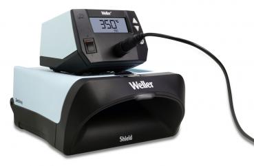 The image shows a soldering device in blue and black. It has a digital display showing a temperature of 350°C. A cable connects the device to a power source.