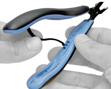 The image shows a hand holding a tool. It is a pair of pliers with a blue handle and black rubber coatings, used for cutting. The head is pointed.