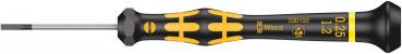 The image shows a slim, black-and-yellow screwdriver. The handle is ergonomically designed and provides a non-slip surface. The blade is straight and narrow.
