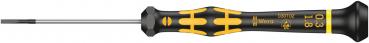 The image shows a slim screwdriver. The handle is black with yellow accents and has a non-slip surface. The blade is straight and made of metal, suitable for screws.