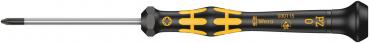 The image shows a screwdriver with a long, pointed metal head and an ergonomic handle. The handle is black with yellow accents and features non-slip areas for better grip.