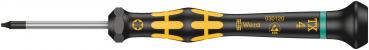 The image shows a screwdriver with a black handle and yellow details. The blade is straight, metallic, and has a star-shaped tip. There are size markings on the handle.