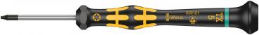 The image shows a screwdriver with an ergonomic, black-and-yellow handle. The tip is star-shaped and has a narrow metal blade. The brand logo and model name are visible.