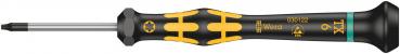 The image shows a screwdriver with a black, non-slip handle that has yellow accents. The blade is straight and narrow, suitable for precise screws.