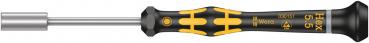 The image shows a screwdriver with a long, thin metal shaft and a rubber handle. The handle is black with yellow patterns and numbers that relate to the blade.