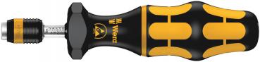 The image shows a screwdriver with an ergonomic handle. The handle is black with yellow, non-slip rubber areas. At the tip is a detachable head that can be used for various types of screws.