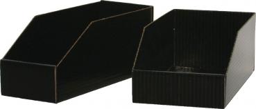 In the picture, there are two black, diagonally cut storage boxes made of cardboard. They feature an open top area and a rectangular base.