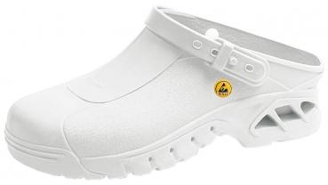 Das Bild zeigt einen weißen Clog aus leichtem Material. Er hat eine offene Ferse, einen verstellbaren Riemen und eine rutschfeste Sohle mit Luftöffnungen an den Seiten.