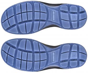 Das Bild zeigt die Unterseiten von Schuhen. Die Sohle ist hauptsächlich schwarz mit blauen Gummieinsätzen, die durch ein rautenförmiges Muster strukturiert sind.