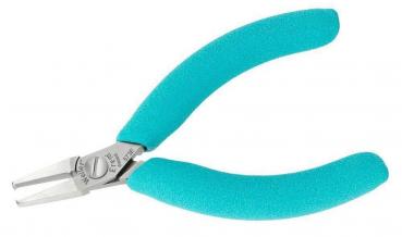 The image shows a pair of pliers with two elongated, ergonomic handles in bright turquoise. The tips of the pliers are straight and made of silver metal. It appears handy and precise.
