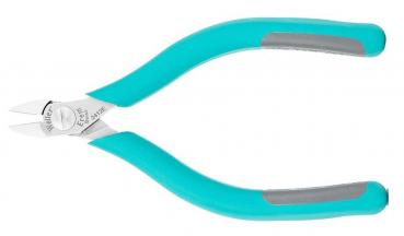 The image shows a pair of pliers with rubberized turquoise handles and a metallic head. The head is pointed and has a closed cutting edge, suitable for cutting fine materials.