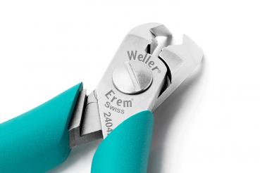 The image shows a small, precise pair of pliers with blue handles. The jaws of the pliers are narrow and pointed, ideal for cutting or gripping. The pliers are marked with "Weller" and "Erem Swiss".