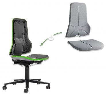 The image shows an office chair with a detachable backrest and seat. The chair has a black base and green accents. The back parts are gray and padded.