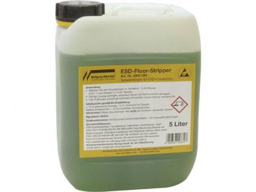 Der Behälter ist ein grüner Kunststoffkanister mit schwarzem Schraubverschluss. Er enthält 5 Liter ESD-Floor-Stripper, ein Reinigungsmittel, beschriftet mit Warnhinweisen und Inhaltsstoffen.
