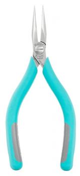 The image shows a pair of pliers with long, pointed, metallic blades and a turquoise handle. The pliers are open, ready for use.