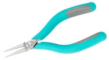 Die Zange hat lange, dünne Spitzen und einen ergonomischen Griff in Türkis mit grauen Elementen. Sie liegt gut in der Hand und eignet sich für präzises Arbeiten.