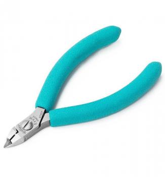 The image shows a side cutter with ergonomic, turquoise handles and a sharp, pointed metal cutting edge. It is handy and suitable for cutting wire or small objects.