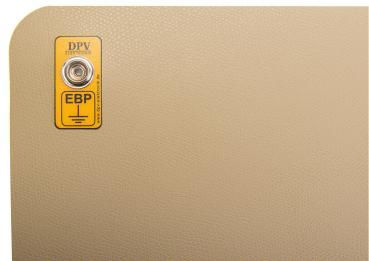 The image displays a beige, textured background with a yellow sticker in the top left corner. The sticker includes the text "DPV" and "EBP" as well as a symbol. The corners are rounded.