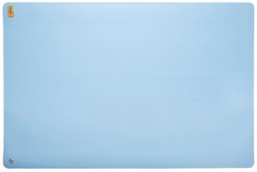 The image displays a solid-colored, rectangular area in light blue. In one corner, there is a small, yellow logo. The surface appears smooth and even.