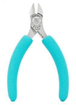 The pliers have a narrow, pointed cutting edge made of silvery metal and a central screw closure. The handles are thick, soft, and turquoise in color. It is suitable for cutting.