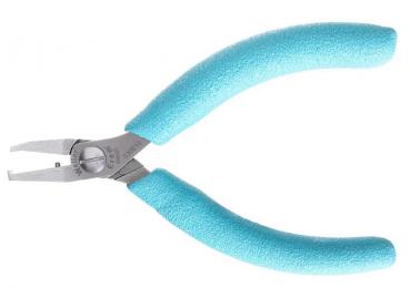 Das Bild zeigt eine kleine Zange mit flachen, spitzen Backen. Die Griffe sind mit einem hellblauen, rutschfesten Material überzogen, um besseren Halt zu bieten.