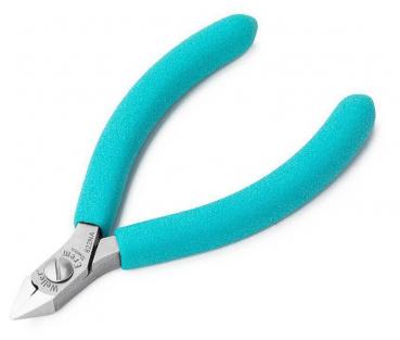 The image shows a pair of pliers with a metallic head and ergonomic, turquoise handles. It has a sharp, pointed cutting edge for precise work.