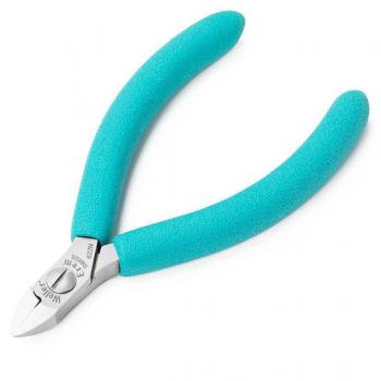 The image shows a pair of pliers with blue, grippy rubber handles and a silver, sharp cutting edge. It is compact and ideal for precise work.