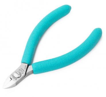 The image shows a small pair of pliers with sharp, flat cutting edges. The handles are in a striking turquoise and have a non-slip coating.