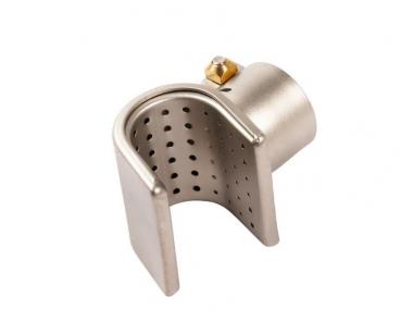 The image shows a silver, curved metal object with holes. It has an open side and a connector for additional attachment or connection.
