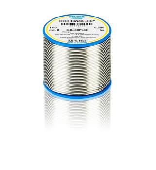 The image shows a spool of solder. The spool is round, made of metal, and has blue labeling. It contains solder with a diameter of 1.0 mm and 3.5% flux.