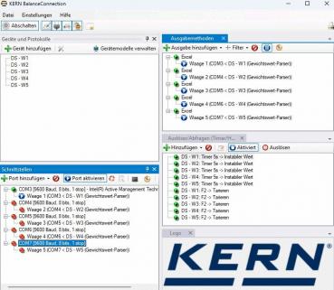 The image displays a software interface for the KERN BalanceConnection program. It includes menu bars, a list of connected devices, output options, and time settings. Settings are located at the top, and a logo is at the bottom.