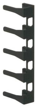 The image shows a narrow, vertical holder made of black plastic with five forward-facing hooks. The hooks are evenly distributed for hanging items.