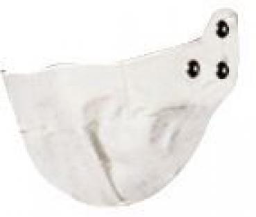 The image shows a white, semicircular mask with two black buttons on top, which look like eyes. The mask has a simple, smooth surface.
