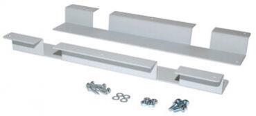 The picture shows a silver metal bracket with three elongated parts. Additionally, there are several screws and washers. The parts are intended for assembly.