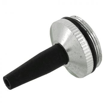 The image shows a small metal spout with a round, flat top and a thin tube pointing downwards. The spout has a black rubber seal.