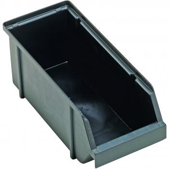 Das Bild zeigt eine rechteckige, schwarze Aufbewahrungsbox mit einer schrägen Vorderkante. Sie hat eine glatte Oberfläche und ist dafür gedacht, kleine Gegenstände zu lagern.