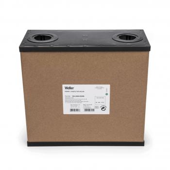 It shows a square, brown cardboard box with a black lid. On top are two round openings, and on the side there is a label with text and numbers.