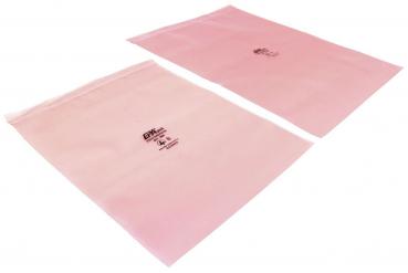 Zwei transparente, rosa Beutel liegen nebeneinander. Sie haben eine verschließbare Oberkante. Auf jedem Beutel ist ein schwarzer Druck mit Logos und Angaben.
