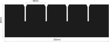 The image shows a black, rectangular object with a height of 80 mm and a width of 253 mm. It has five notches that are evenly distributed and extend 48 mm into the object.